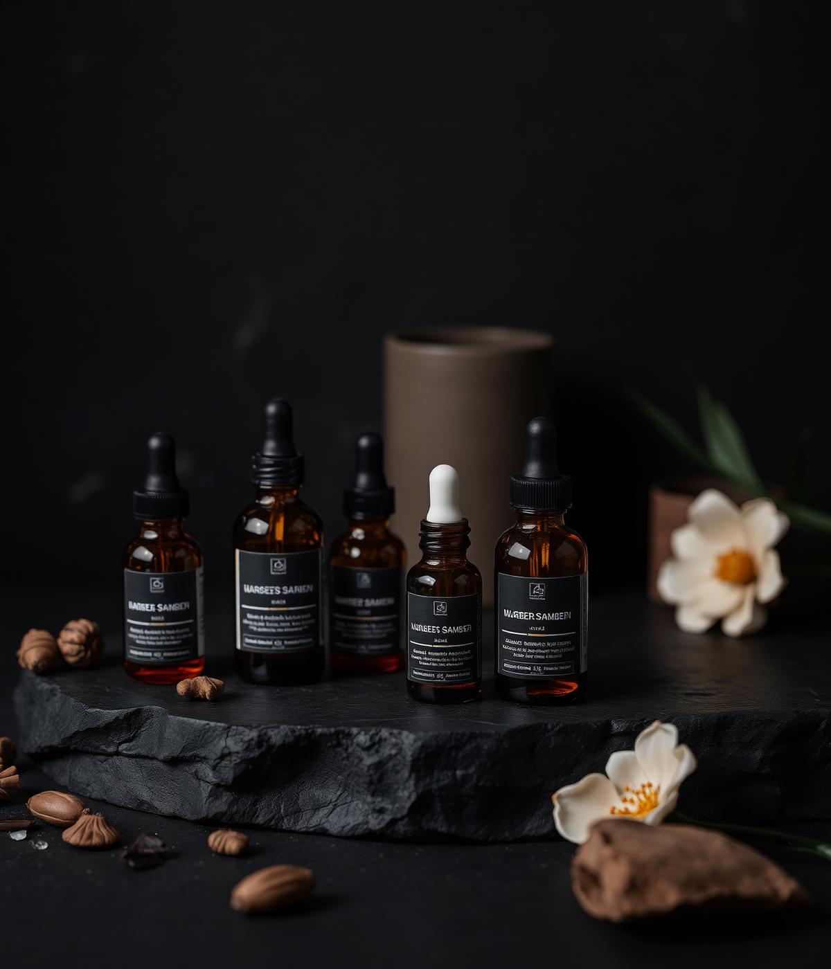 Luxury skincare serums on dark stone at the studio